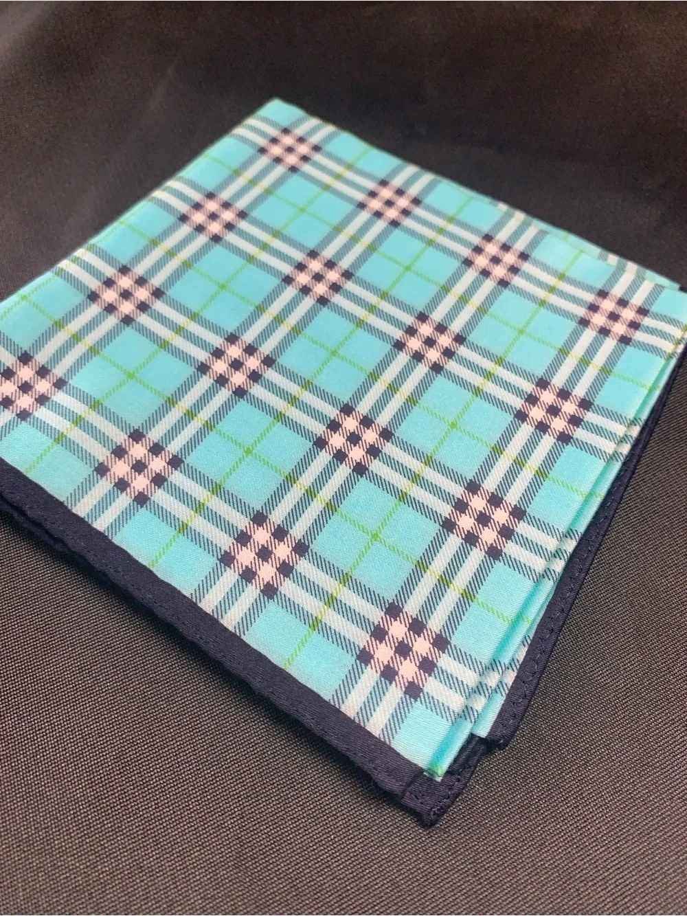 Burberry Plaid Handkerchief in Aqua Blue and Navy Trim